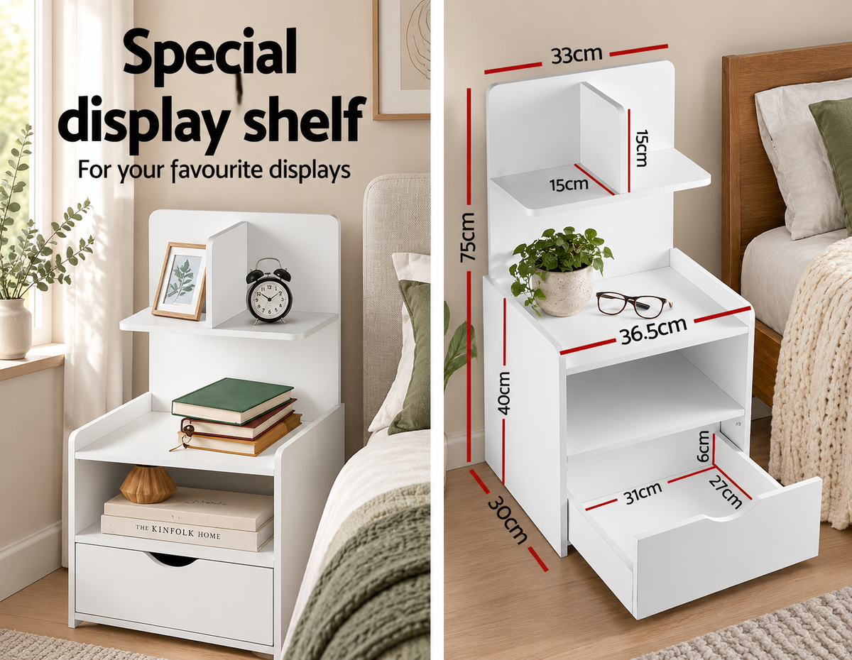 Evermore Bedside Table 1 Drawer with Shelves White