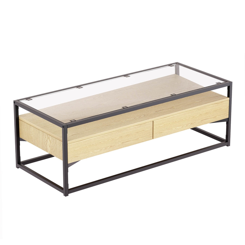 Artiss Coffee Table 2 Drawers Glass Top Pine