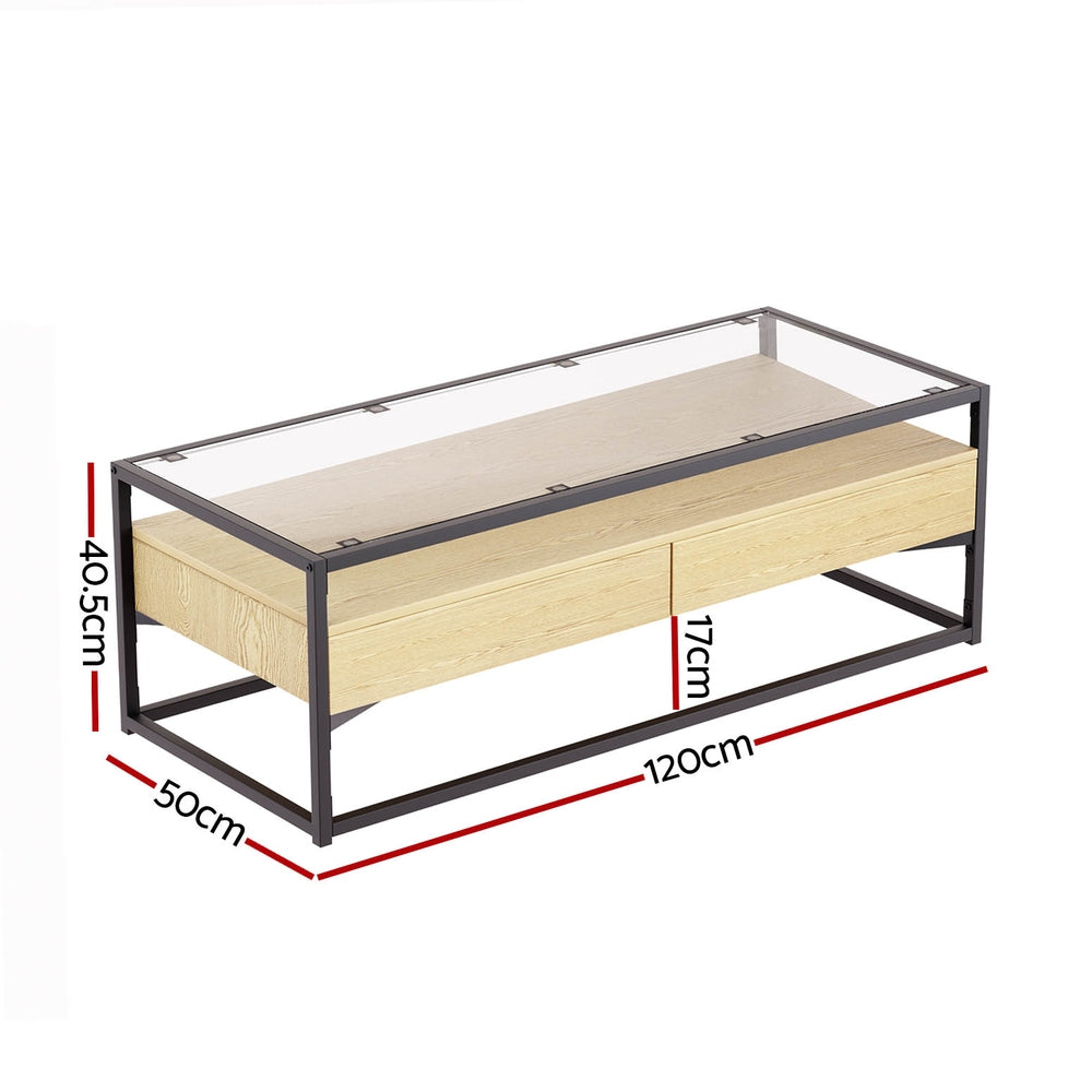 Artiss Coffee Table 2 Drawers Glass Top Pine
