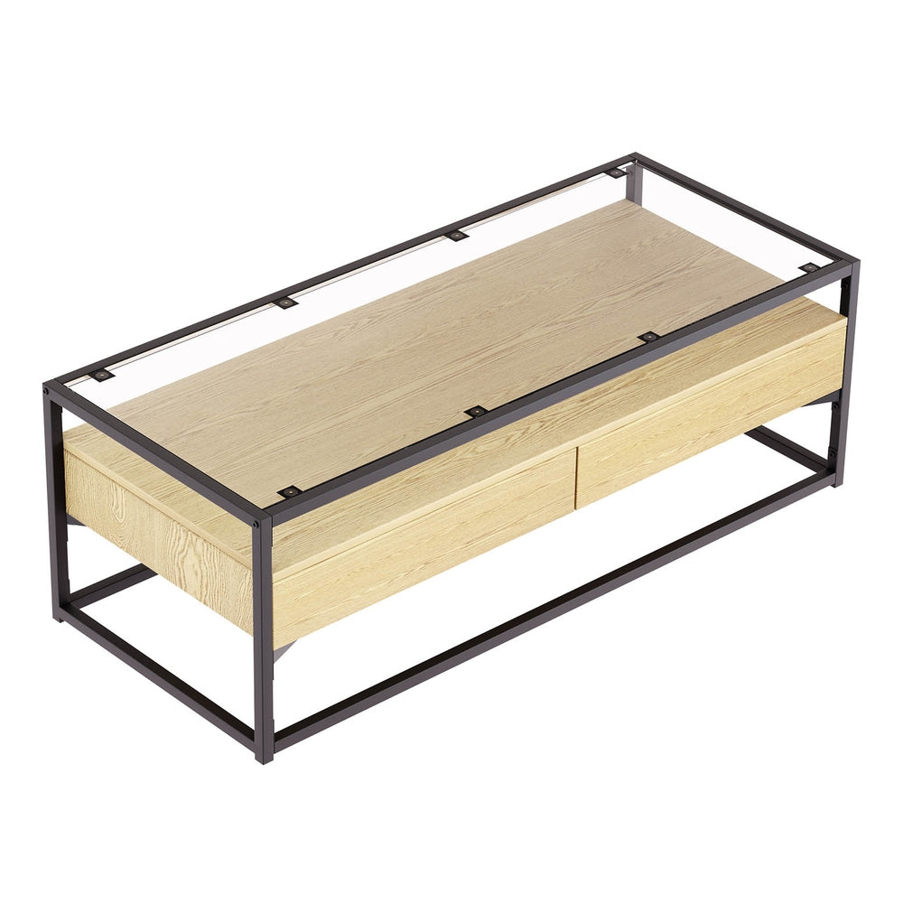Artiss Coffee Table 2 Drawers Glass Top Pine