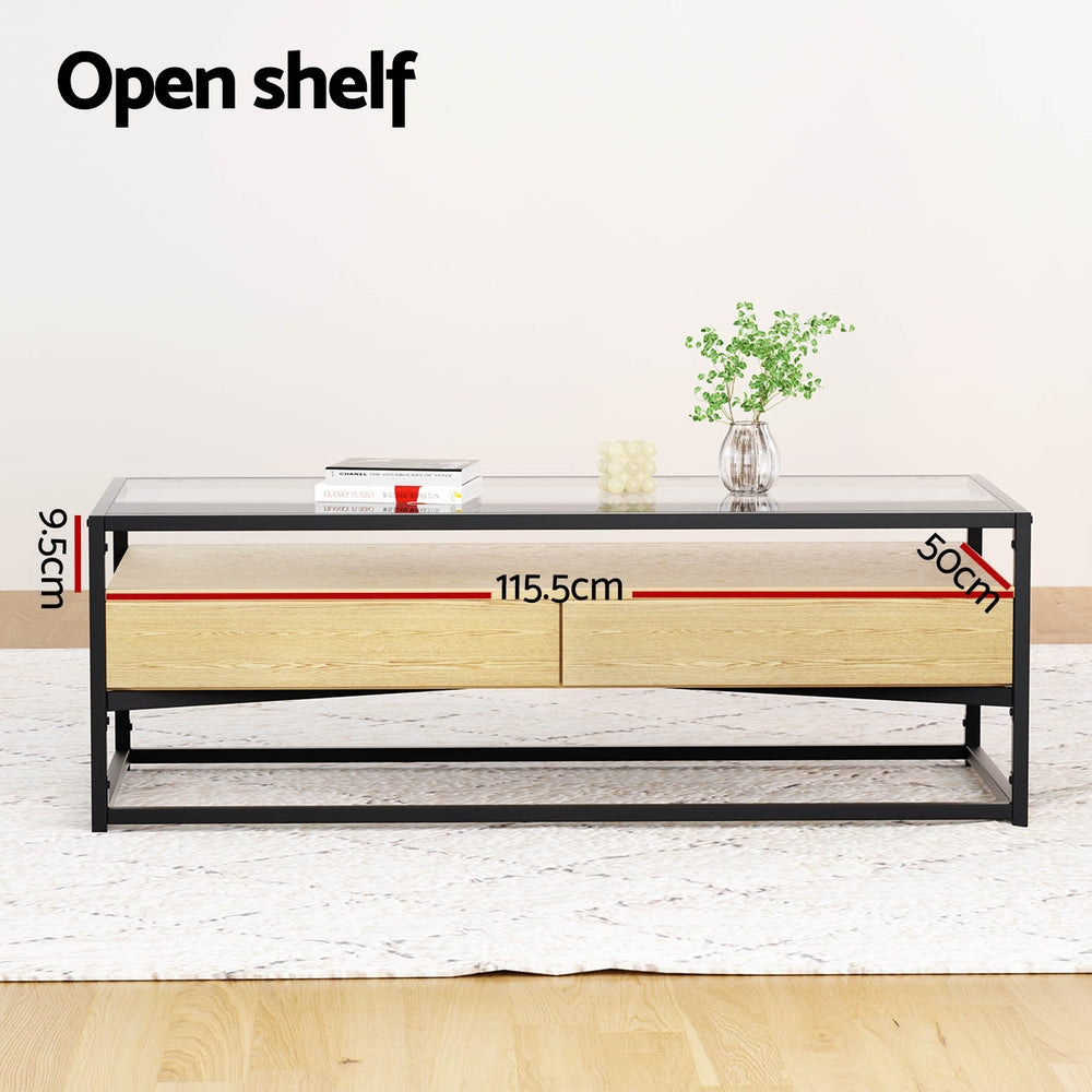 Artiss Coffee Table 2 Drawers Glass Top Pine