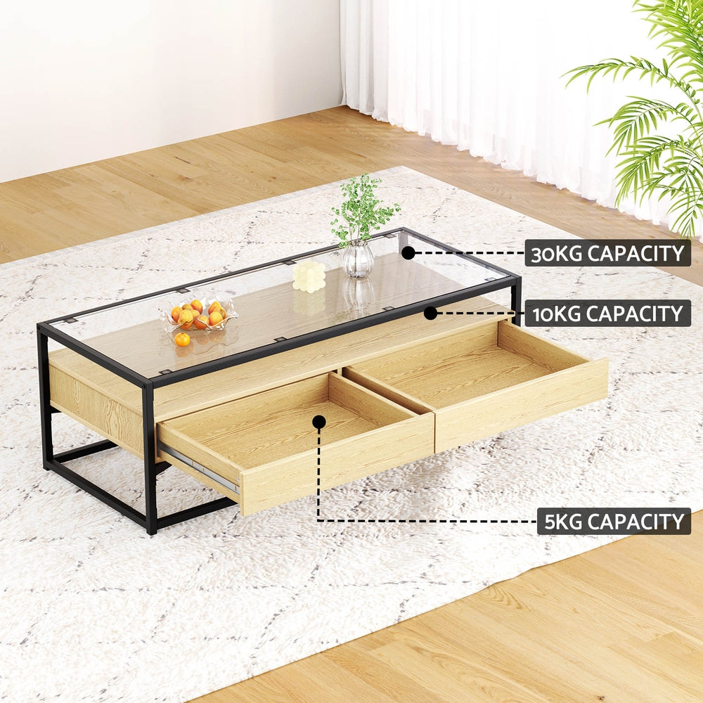 Artiss Coffee Table 2 Drawers Glass Top Pine