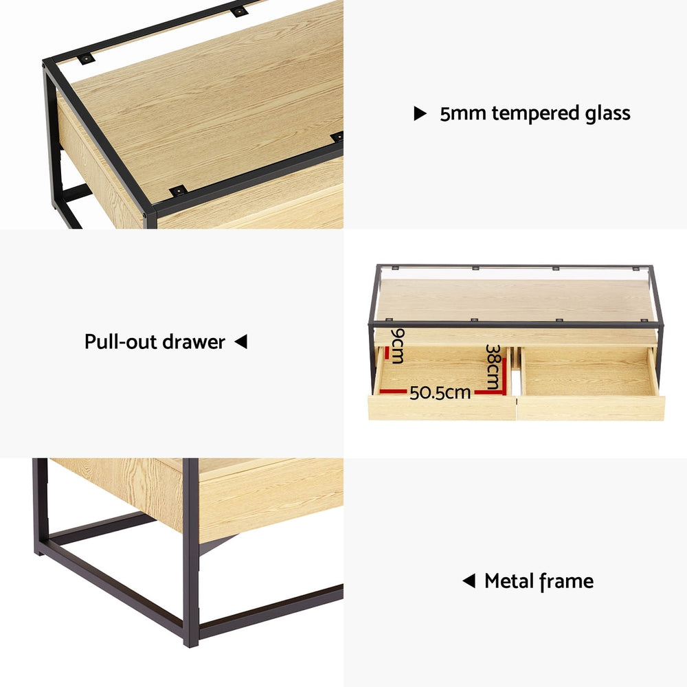 Artiss Coffee Table 2 Drawers Glass Top Pine