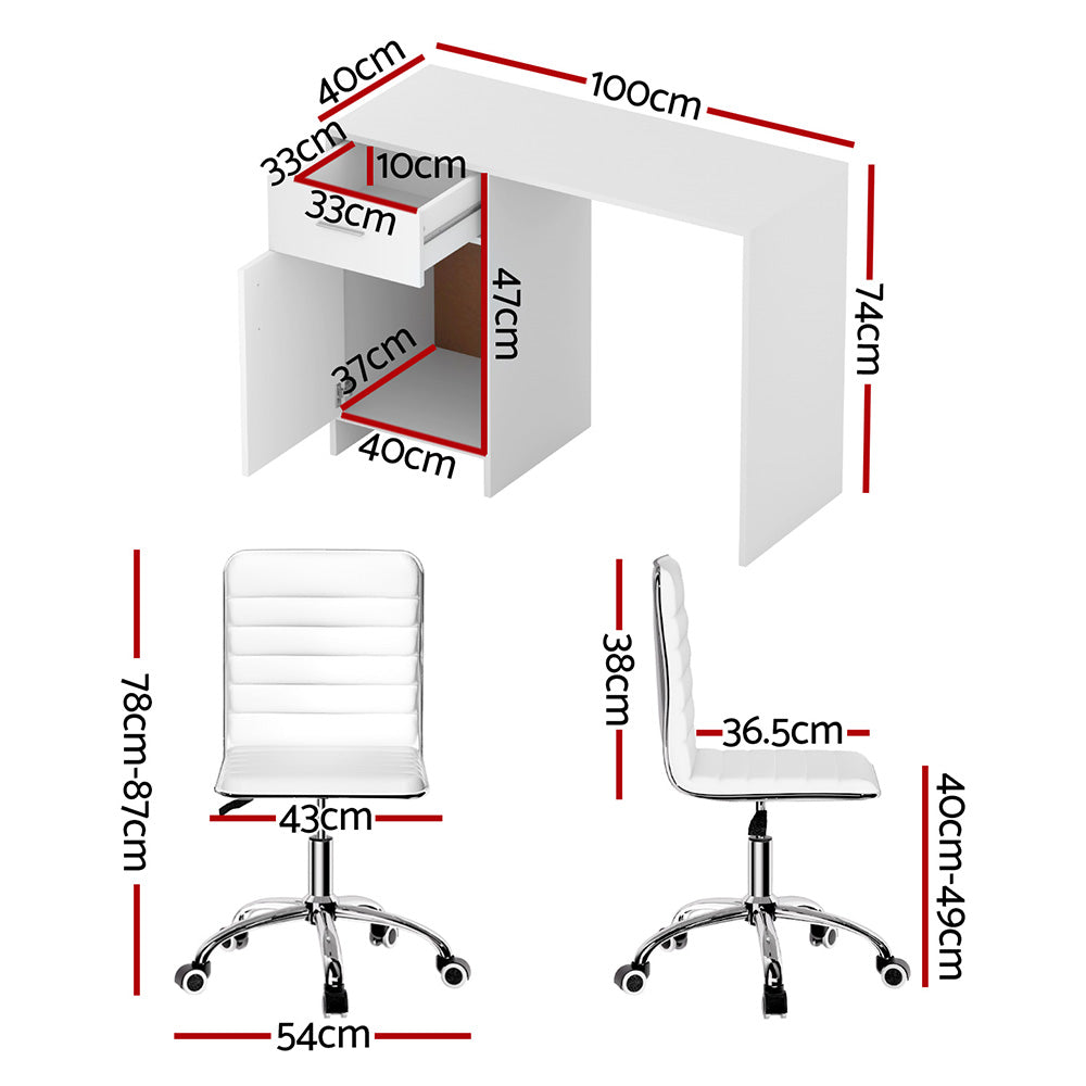 Artiss 100cm White Computer Desk and PU Leather Office Chair Set