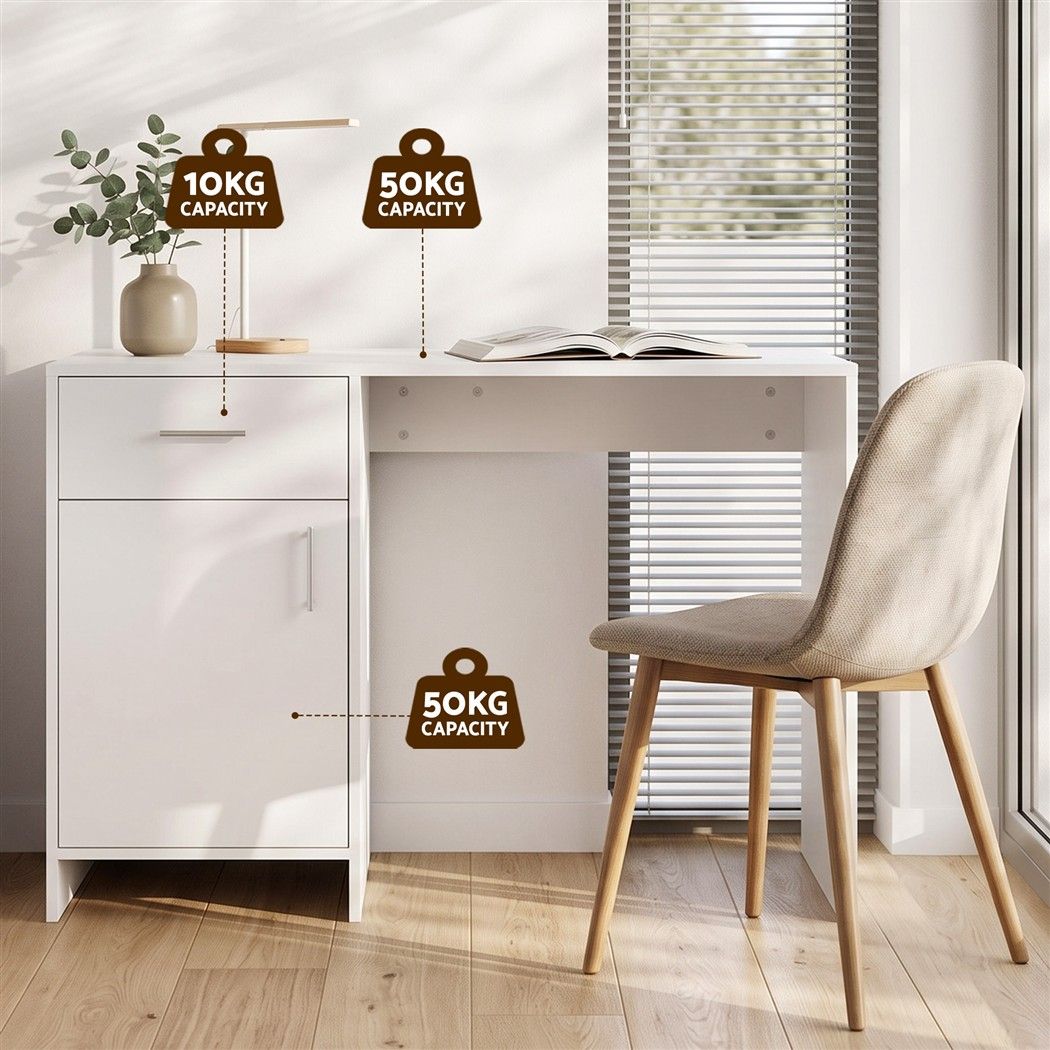 Jerry Computer Desk with Drawer and Cabinet, White, 100cm