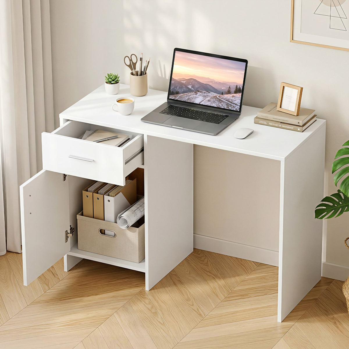 Jerry Computer Desk with Drawer and Cabinet, White, 100cm