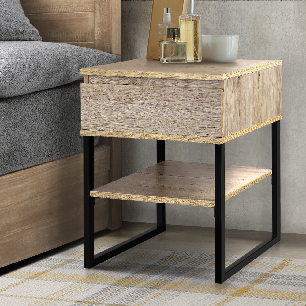 CASEY Bedside Table 1 Drawer Shelf Metal Legs