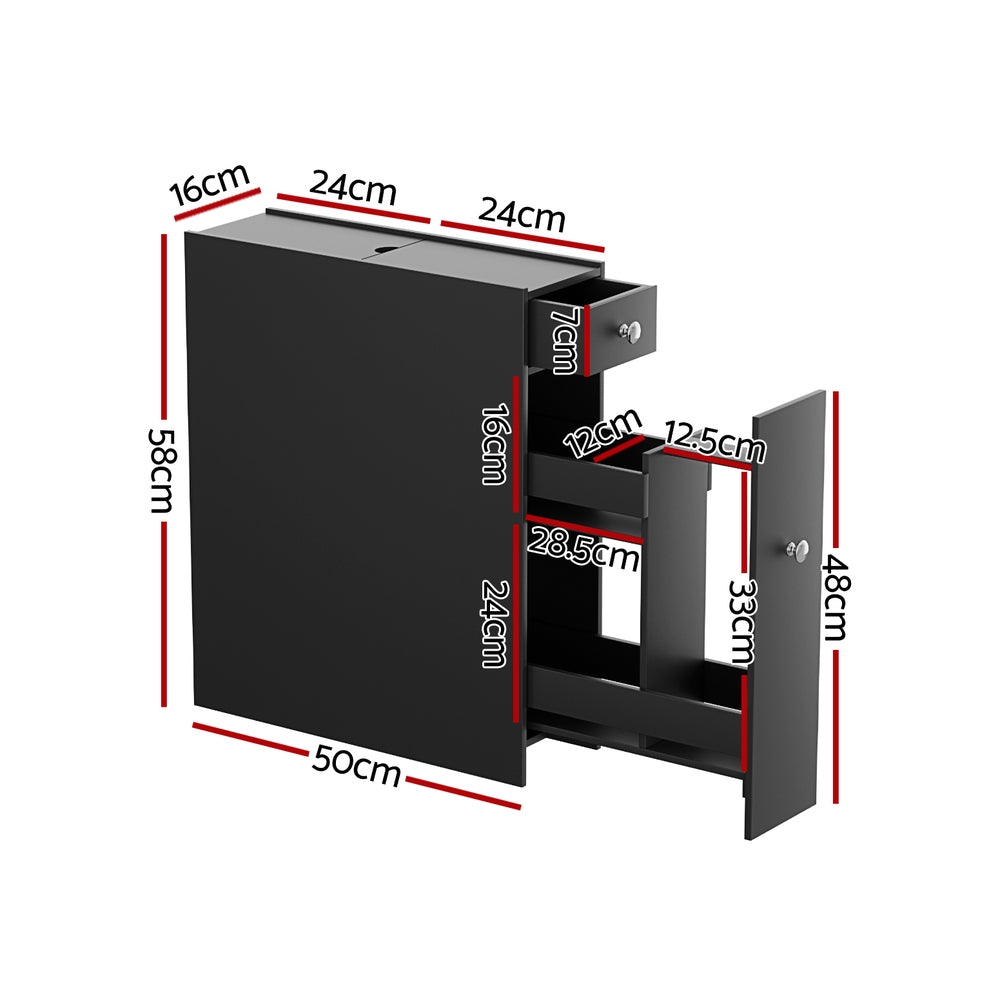 Slim Black Bathroom Storage Cabinet MDF Toilet Tissue Caddy Holder