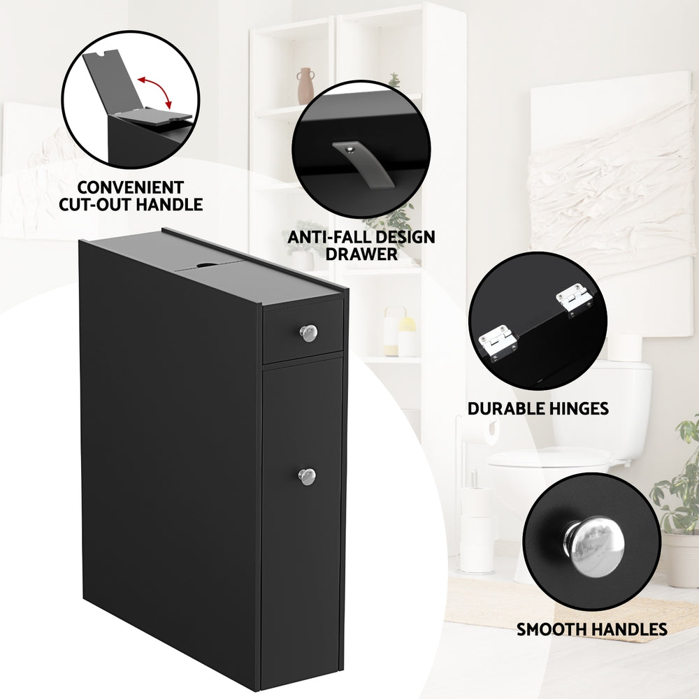 Slim Black Bathroom Storage Cabinet MDF Toilet Tissue Caddy Holder