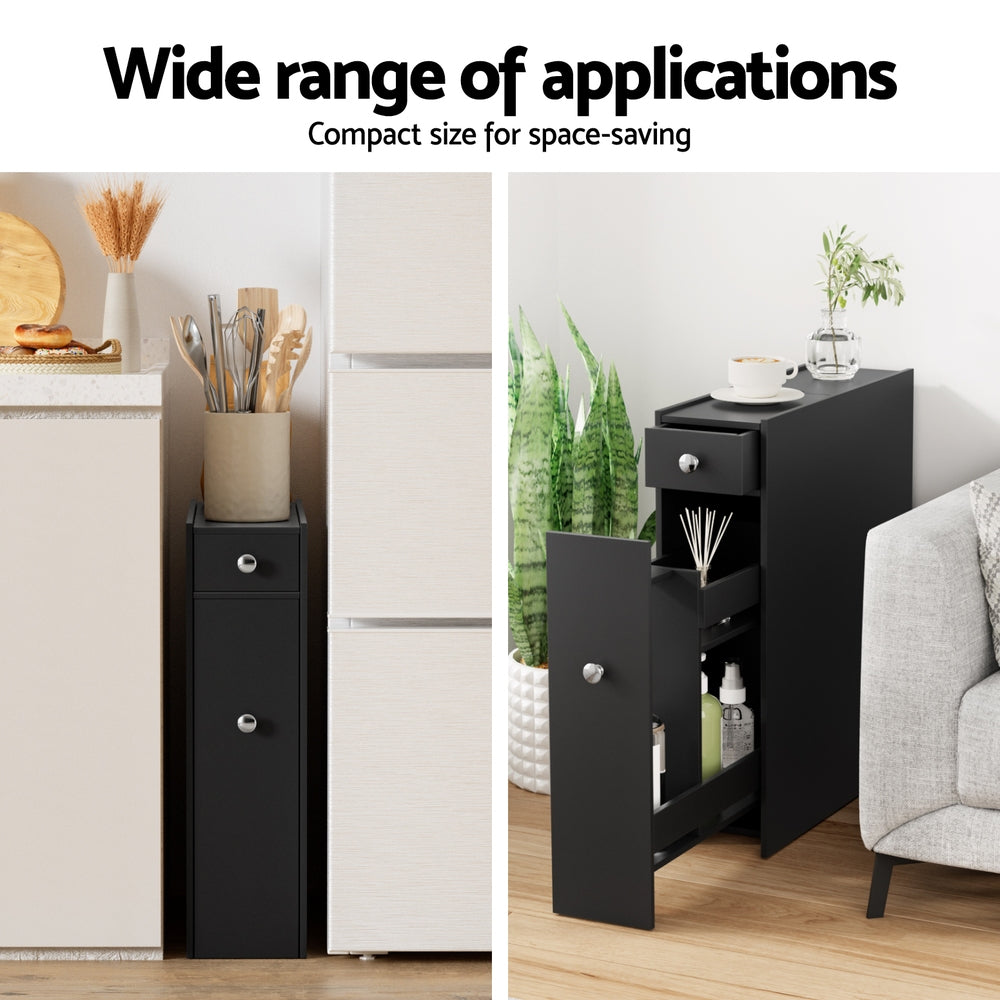 Slim Black Bathroom Storage Cabinet MDF Toilet Tissue Caddy Holder