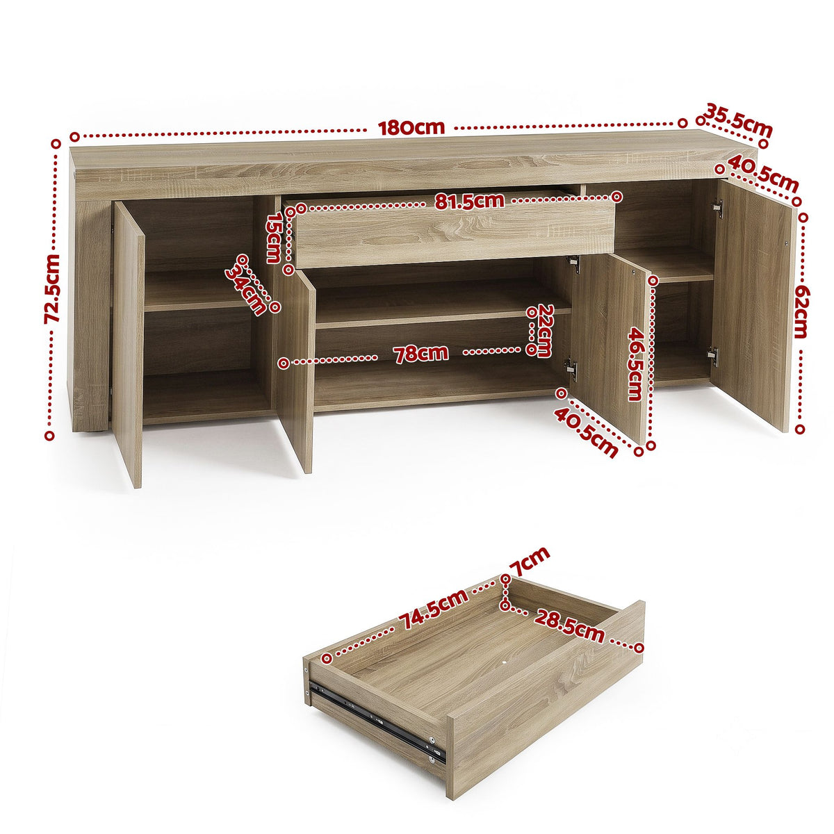 Dana Buffet Sideboard 180cm Oak Storage Cabinet