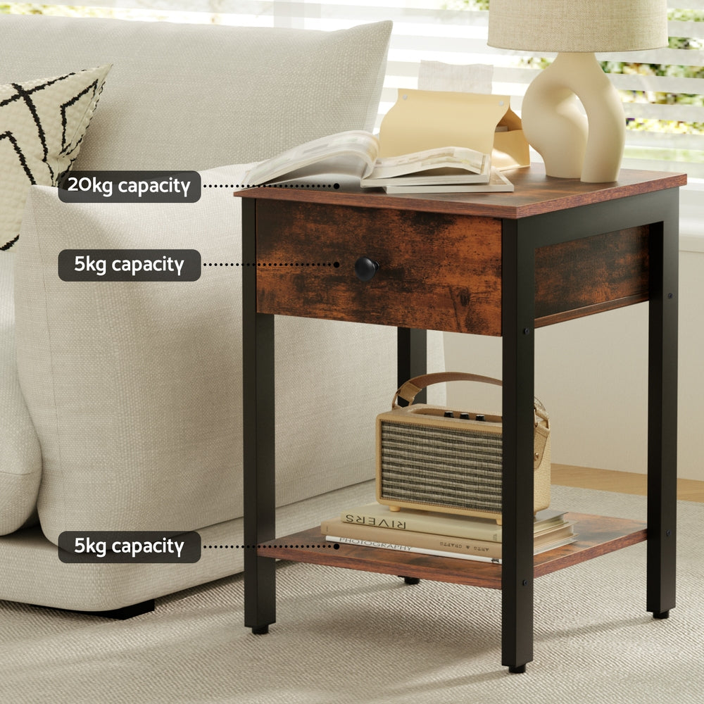 Artiss Walnut Bedside Table 1 Drawer Nightstand Shelves