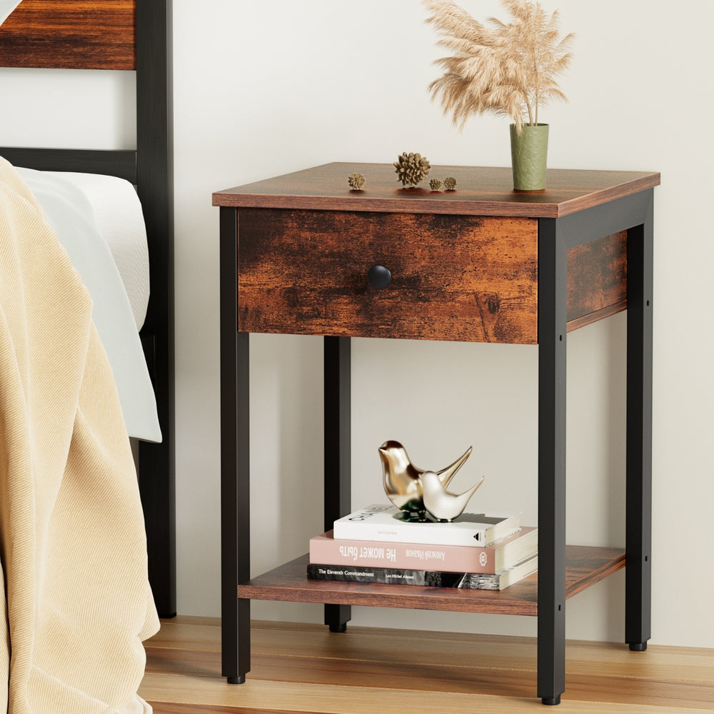 Artiss Walnut Bedside Table 1 Drawer Nightstand Shelves
