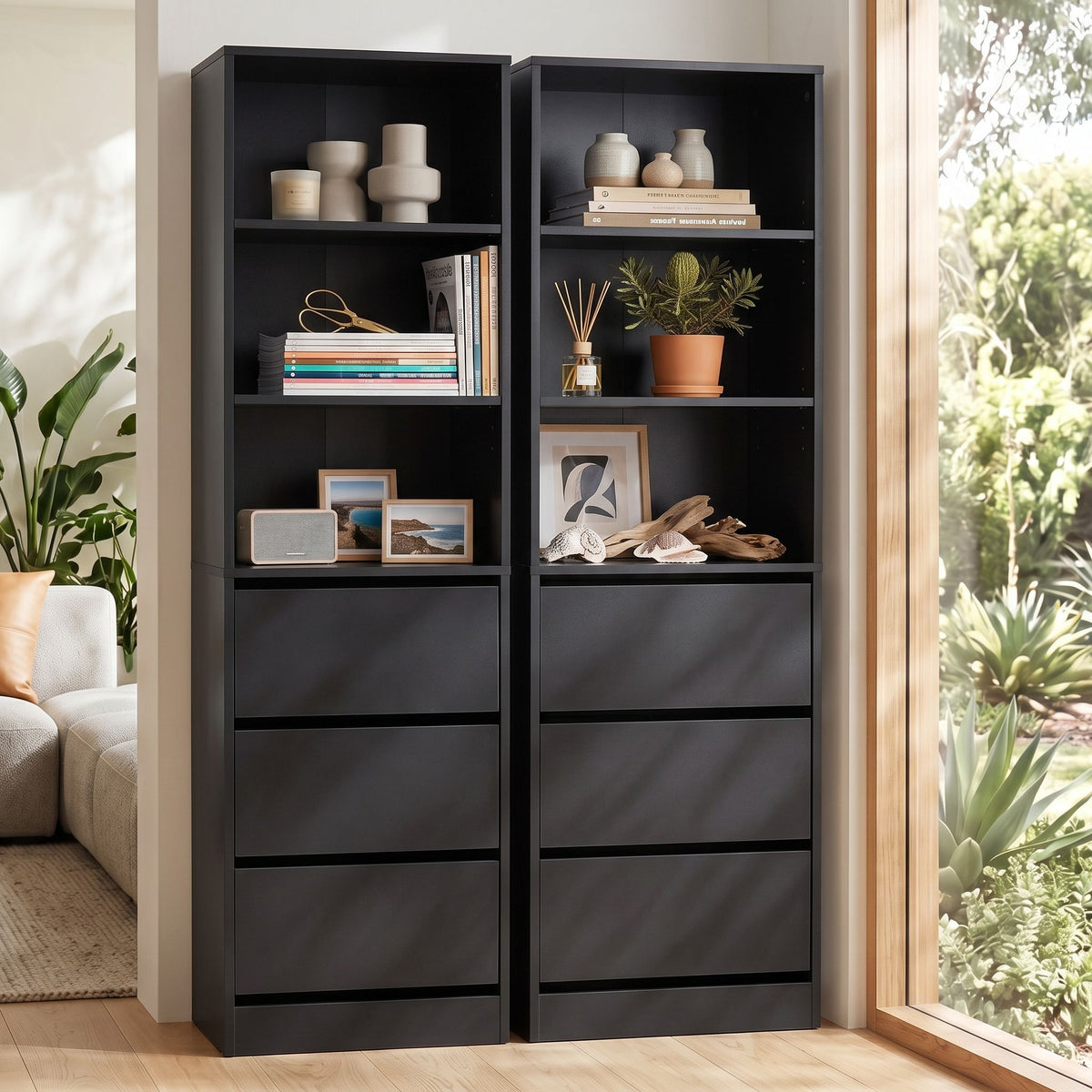 Artiss 2-Piece Tallboy Chest of 3 Drawers Set Black