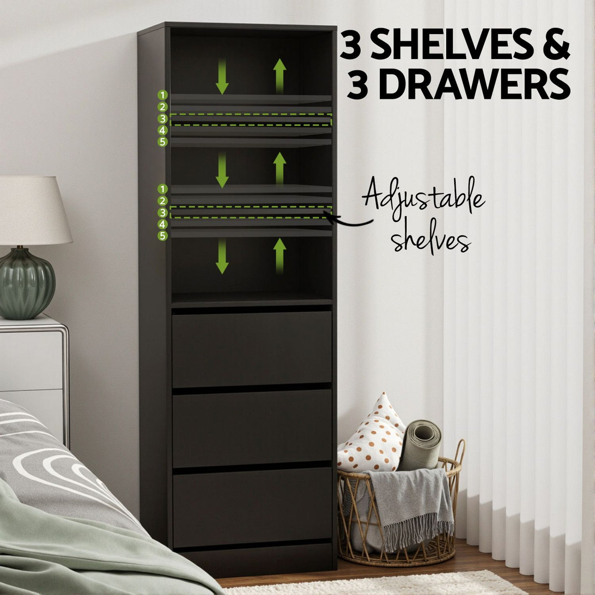 Artiss 2-Piece Tallboy Chest of 3 Drawers Set Black