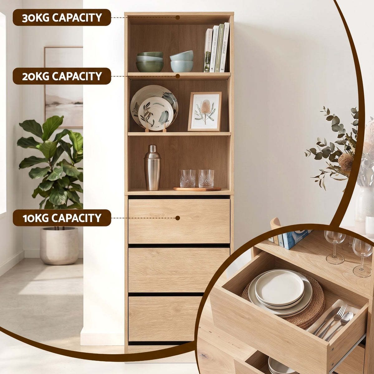 Artiss 2-Piece Chest of 3 Drawers Tallboy Cabinet Pine