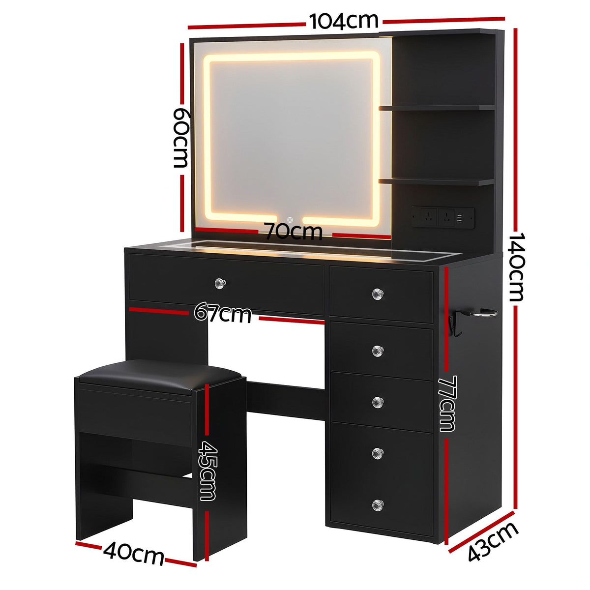 Artiss LED Dressing Table Vanity Desk Set with Stool Black