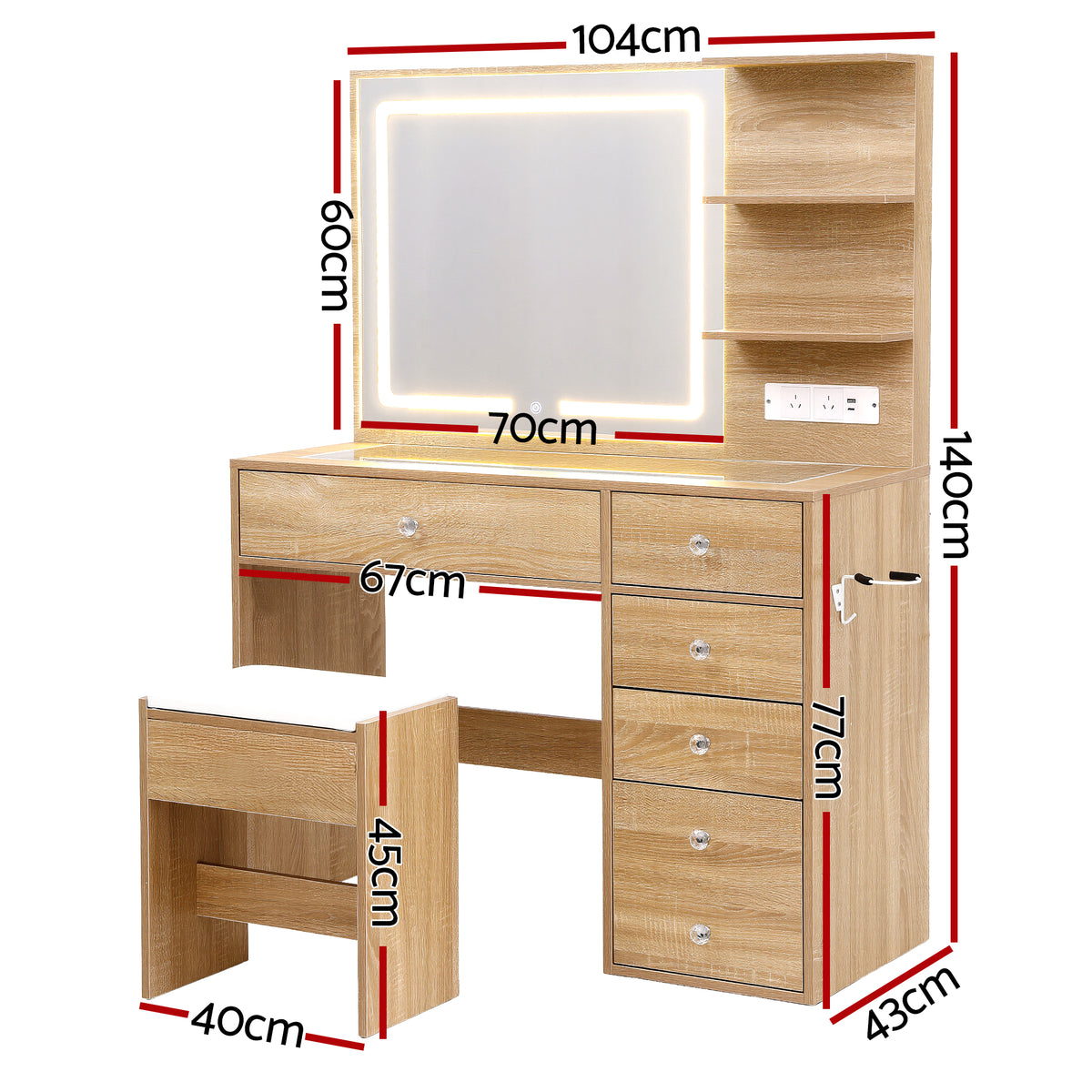 Artiss Dressing Table LED Vanity Desk Set with Stool Wood