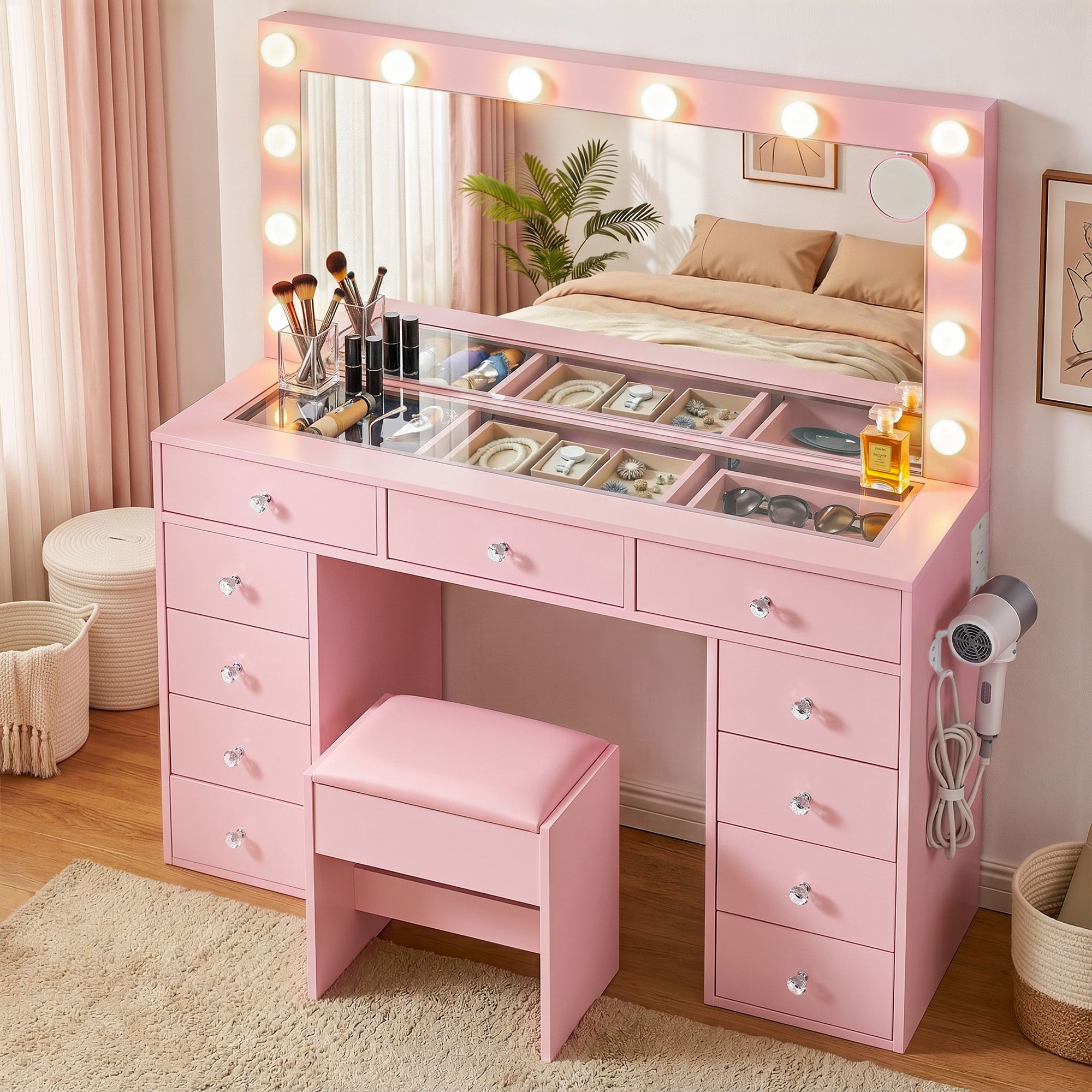 Artiss Dressing Table Charging Station LED Vanity Desk Set Stool Glass Top Make up Mirror Storage Drawer Pink