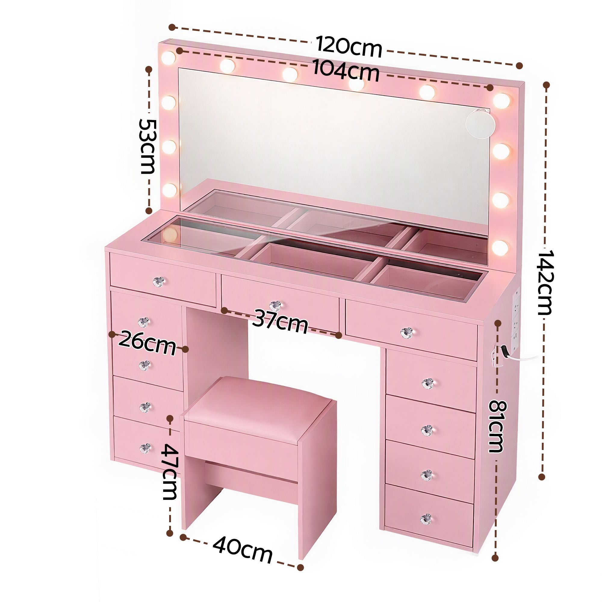 Artiss Dressing Table Charging Station LED Vanity Desk Set Stool Glass Top Make up Mirror Storage Drawer Pink