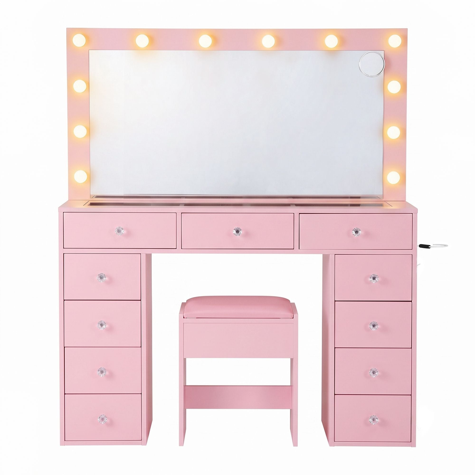 Artiss Dressing Table Charging Station LED Vanity Desk Set Stool Glass Top Make up Mirror Storage Drawer Pink