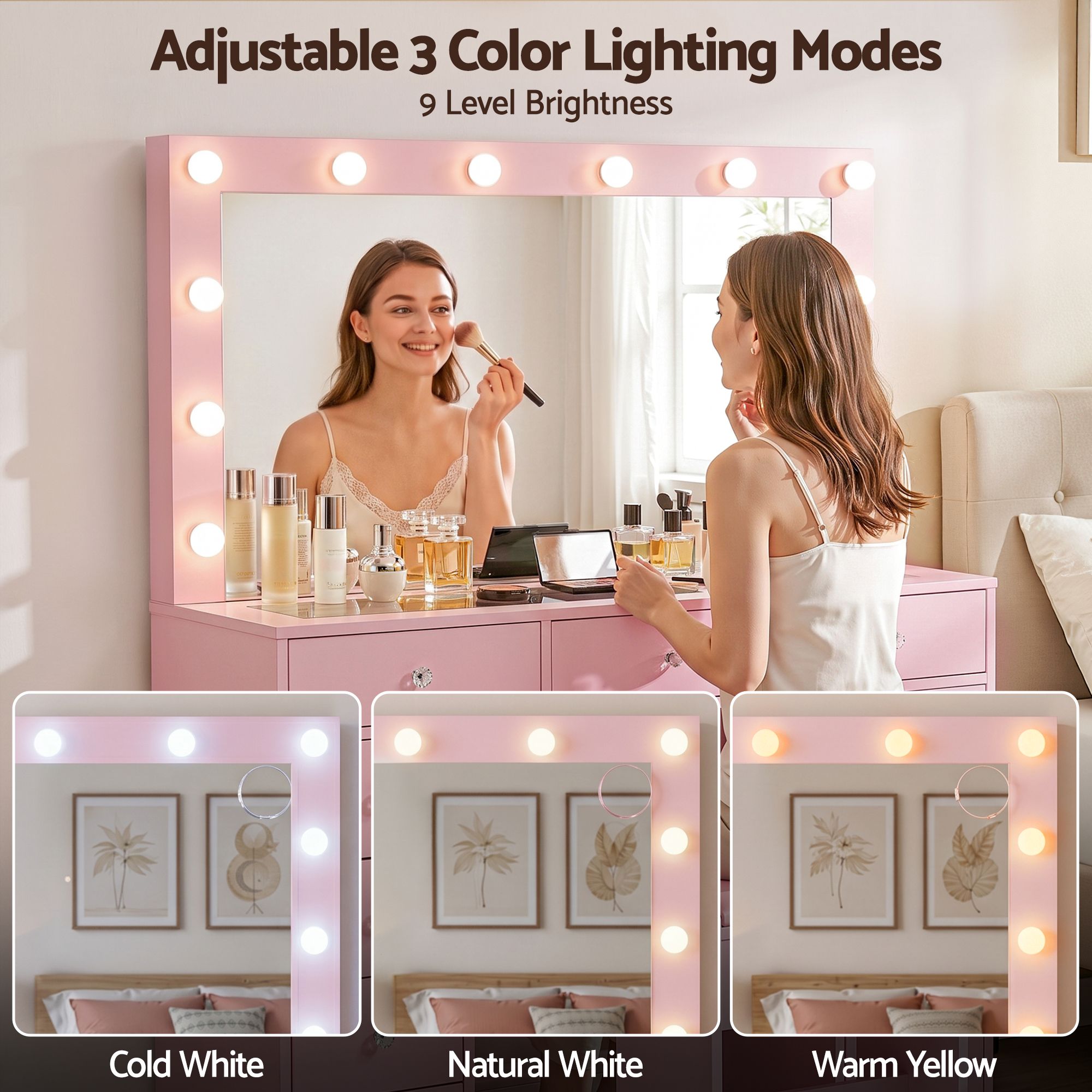 Artiss Dressing Table Charging Station LED Vanity Desk Set Stool Glass Top Make up Mirror Storage Drawer Pink