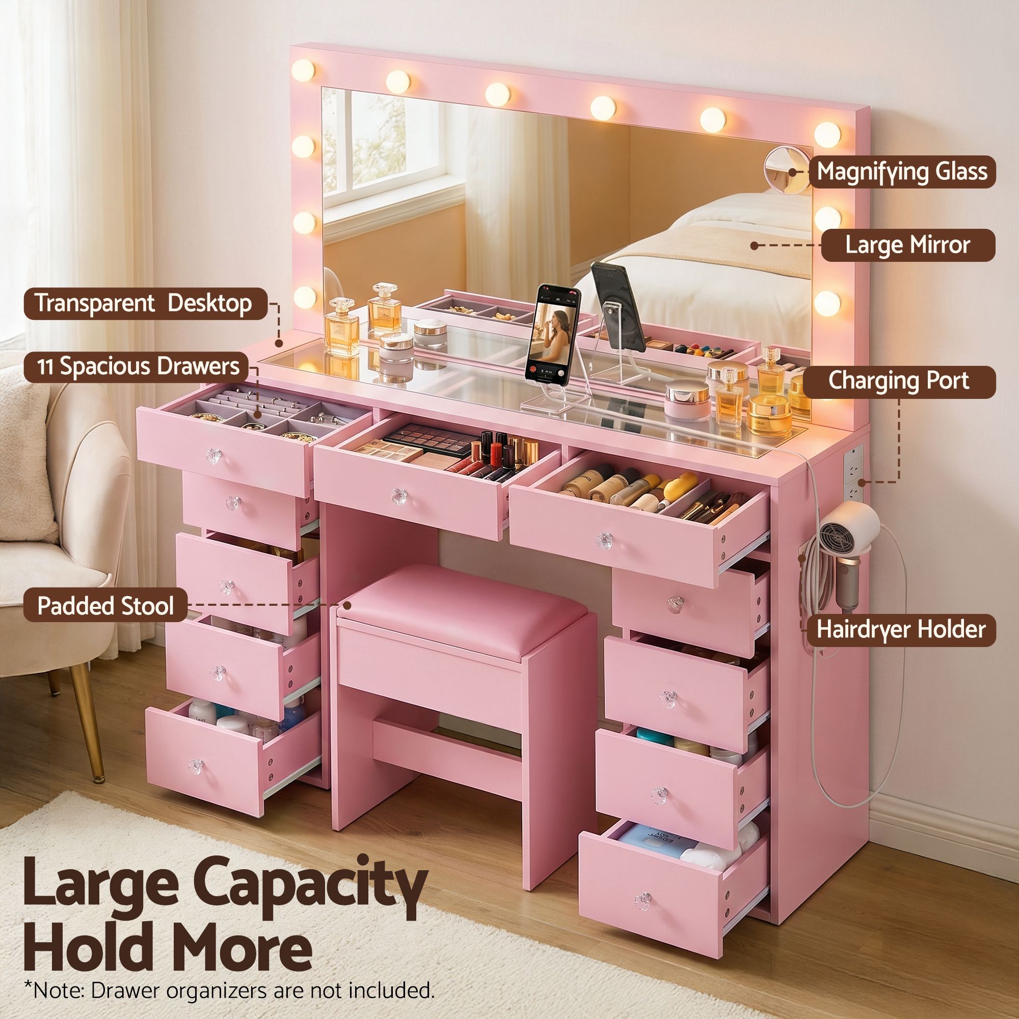 Artiss Dressing Table Charging Station LED Vanity Desk Set Stool Glass Top Make up Mirror Storage Drawer Pink