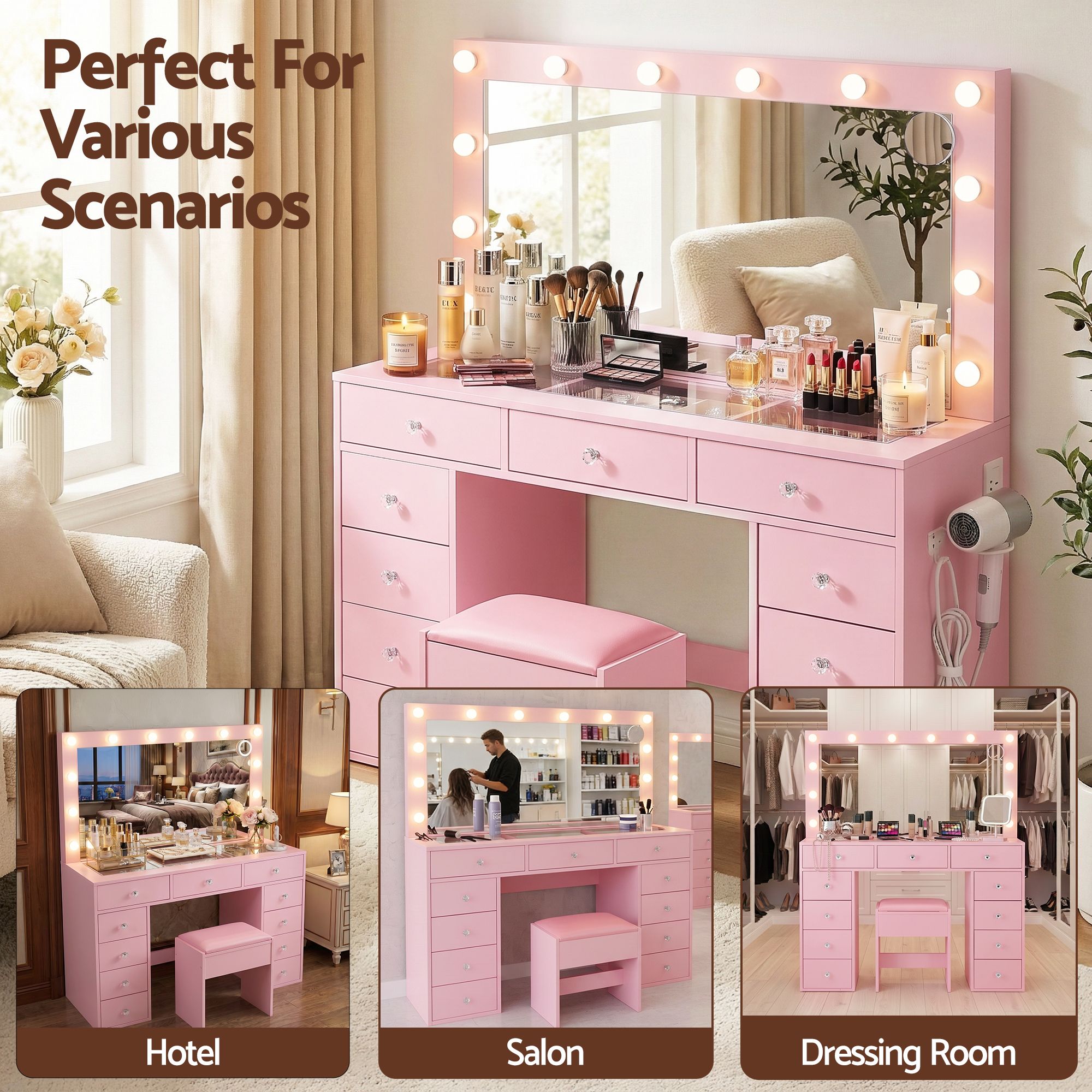 Artiss Dressing Table Charging Station LED Vanity Desk Set Stool Glass Top Make up Mirror Storage Drawer Pink