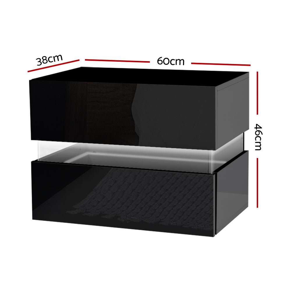 LUMI Black Bedside Table LED 2 Drawers