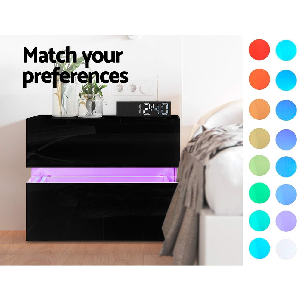 LUMI Black Bedside Table LED 2 Drawers