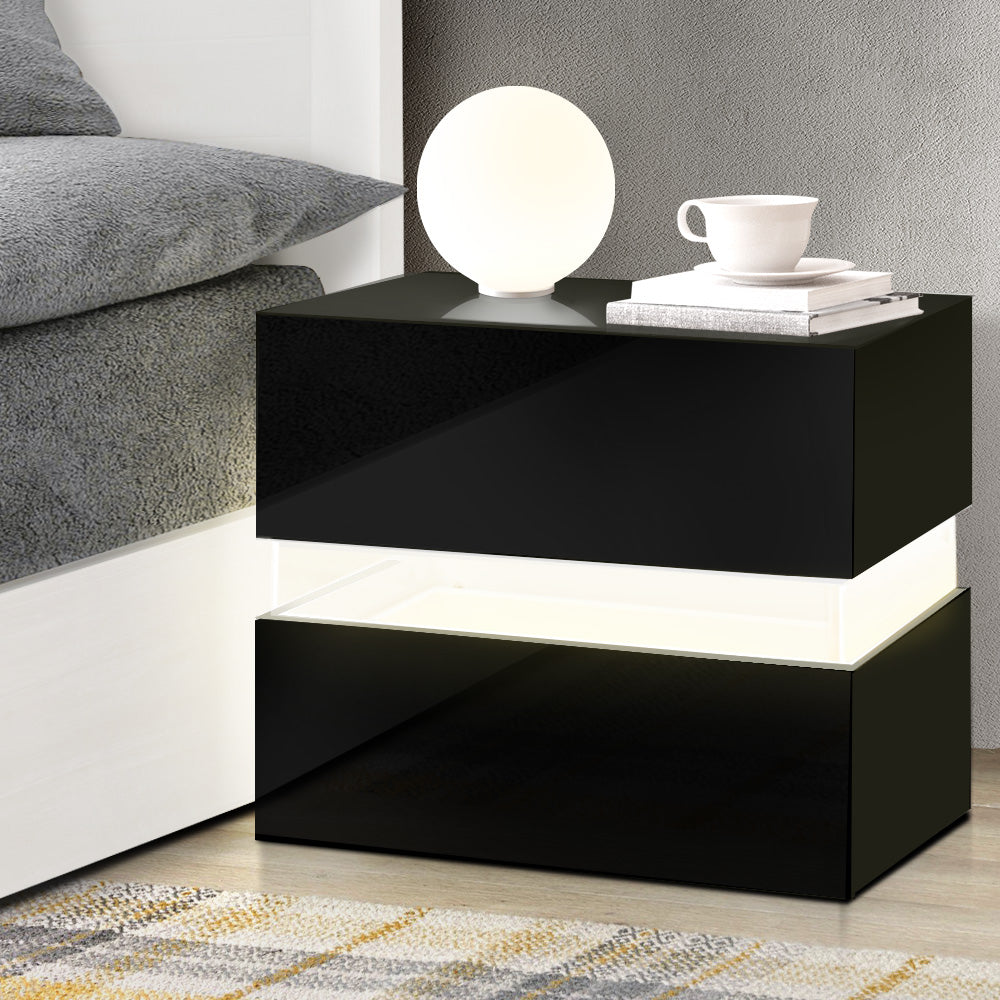 LUMI Black Bedside Table LED 2 Drawers