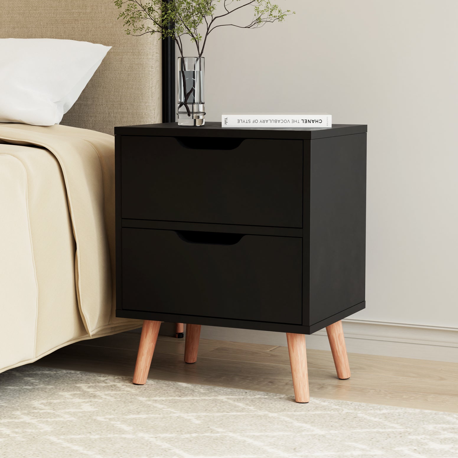 BODEN Black Bedside Table 2 Drawers