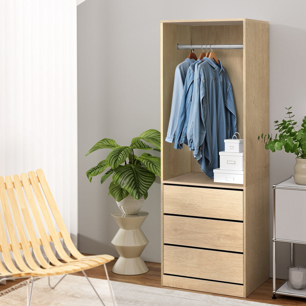 Artiss Wardrobe Storage Unit with 3 Drawers and Hanging Rail Pine