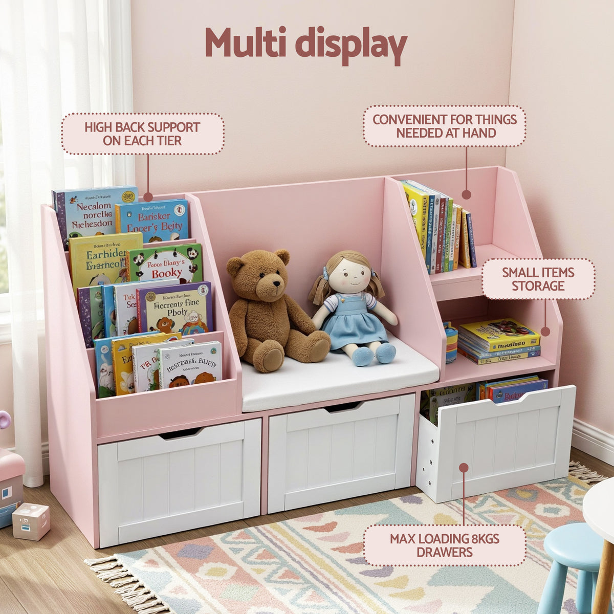 Keezi Kids Bookshelf with Drawers and Reading Bench 140cm Pink