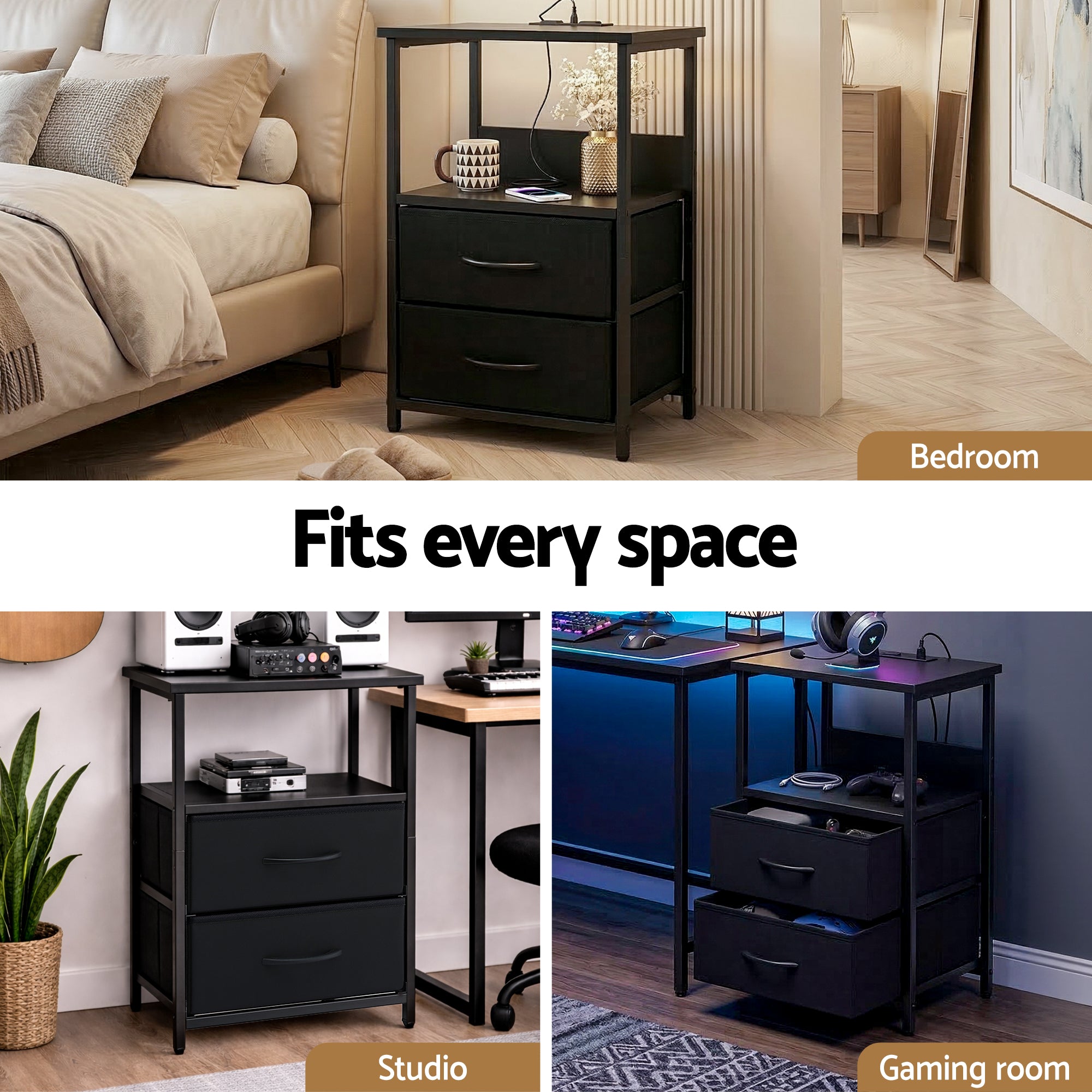 Artiss Bedside Table LED Nightstand Charging Station 2 Drawers Foldable Black