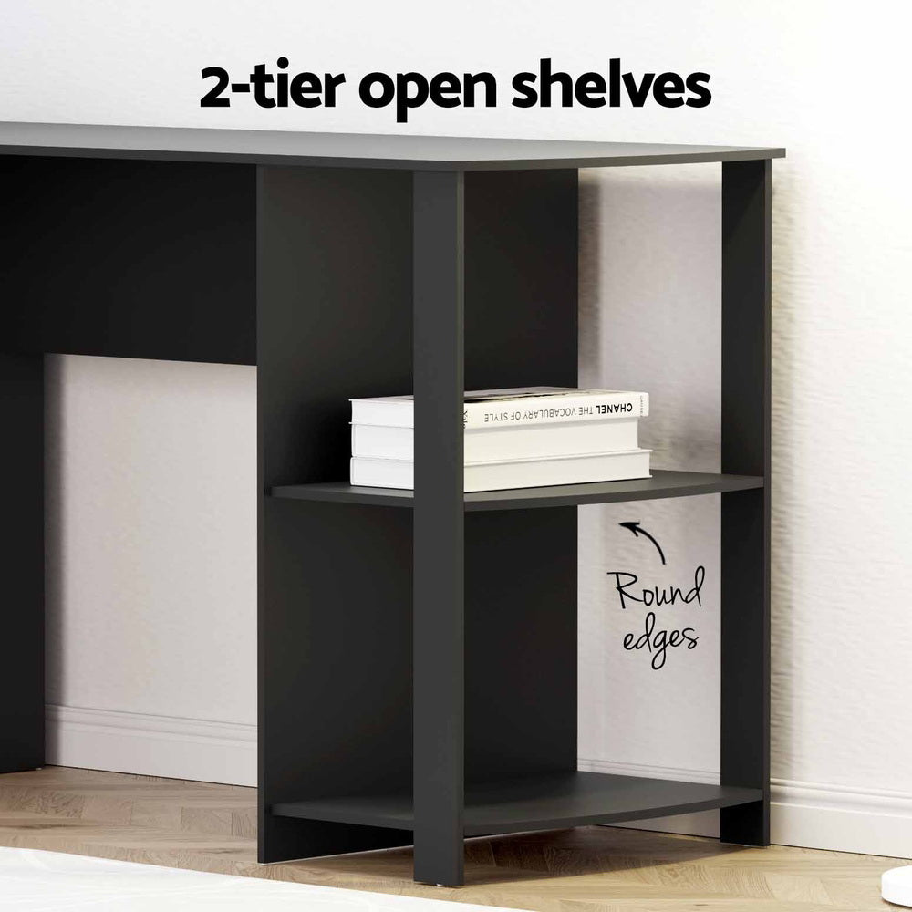 Ronald L-Shape Computer Desk with Shelves Black 136cm