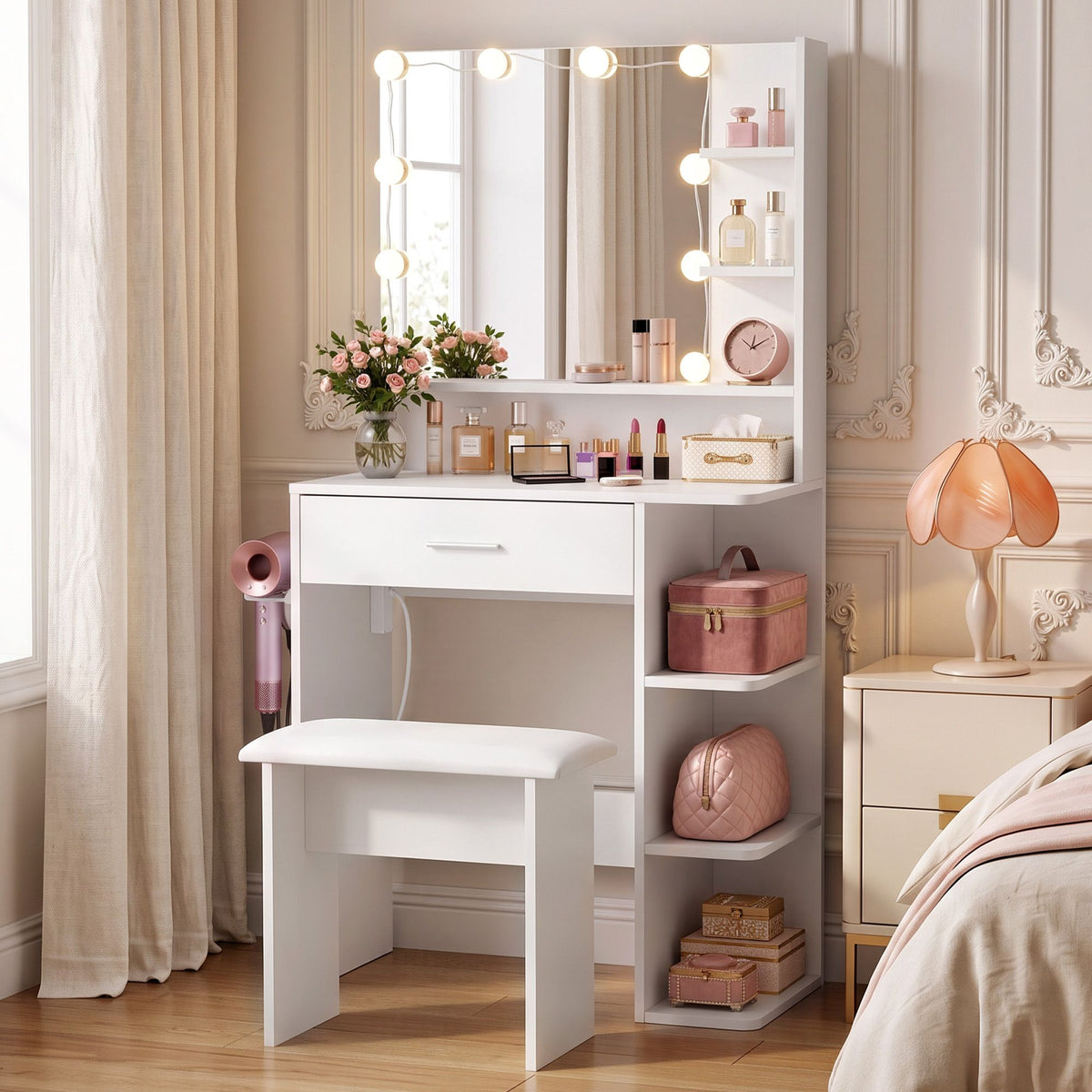 Artiss Dressing Table Vanity Desk LED Mirror Stool Storage Power Outlet Hairdryer Holder White