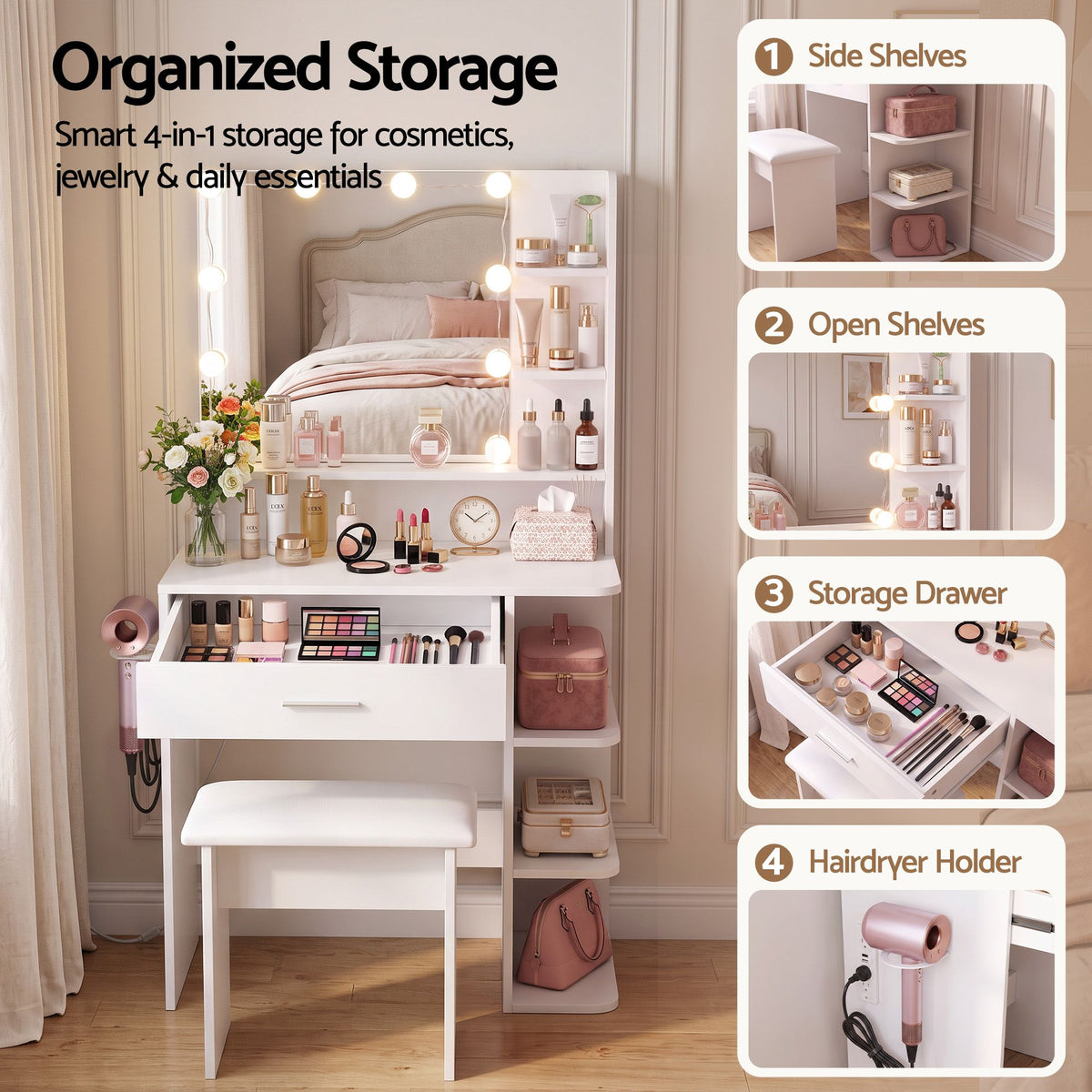 Artiss Dressing Table Vanity Desk LED Mirror Stool Storage Power Outlet Hairdryer Holder White