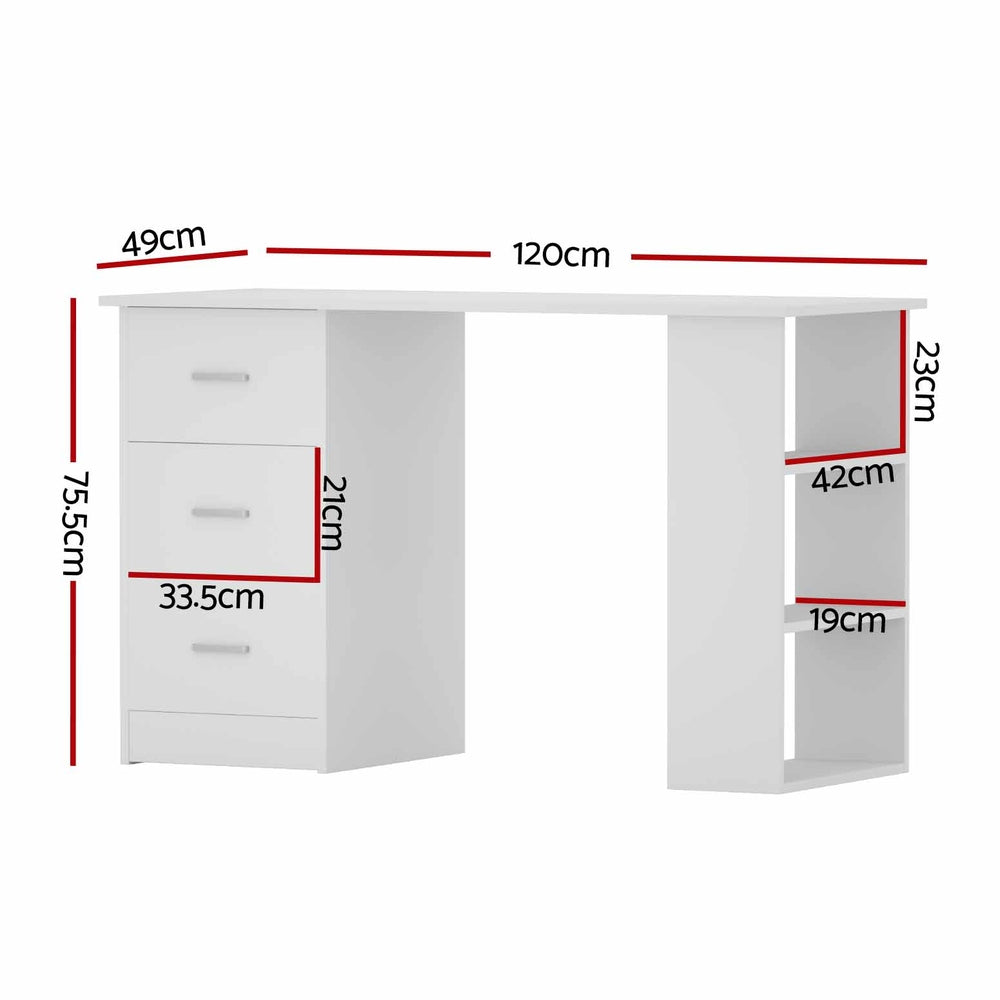 Bobb Computer Desk with Drawers and Shelves, White, 120cm