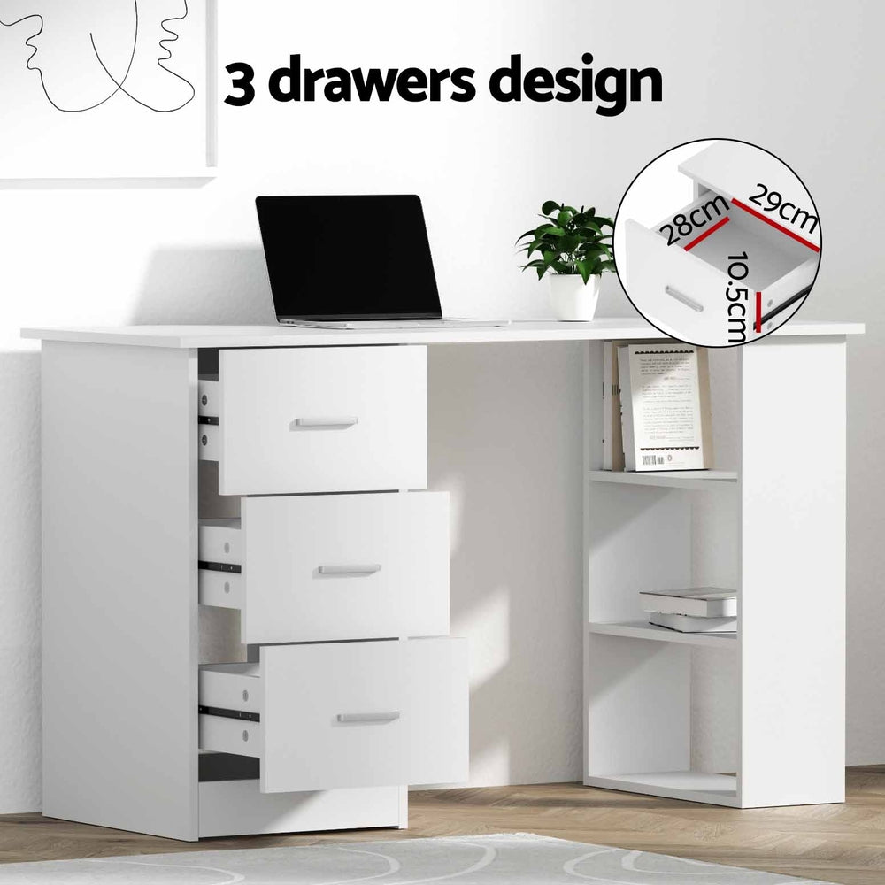 Bobb Computer Desk with Drawers and Shelves, White, 120cm