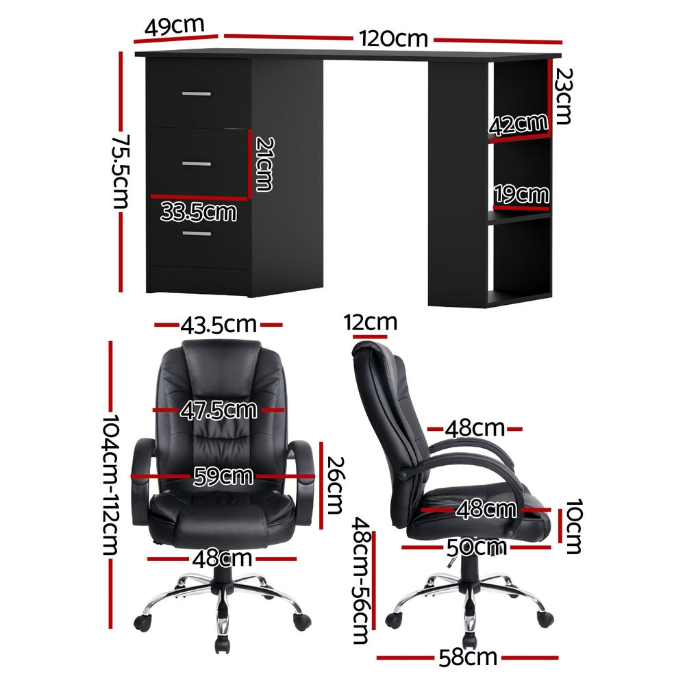Artiss 120cm Executive Desk and PU Leather Office Chair Set Black