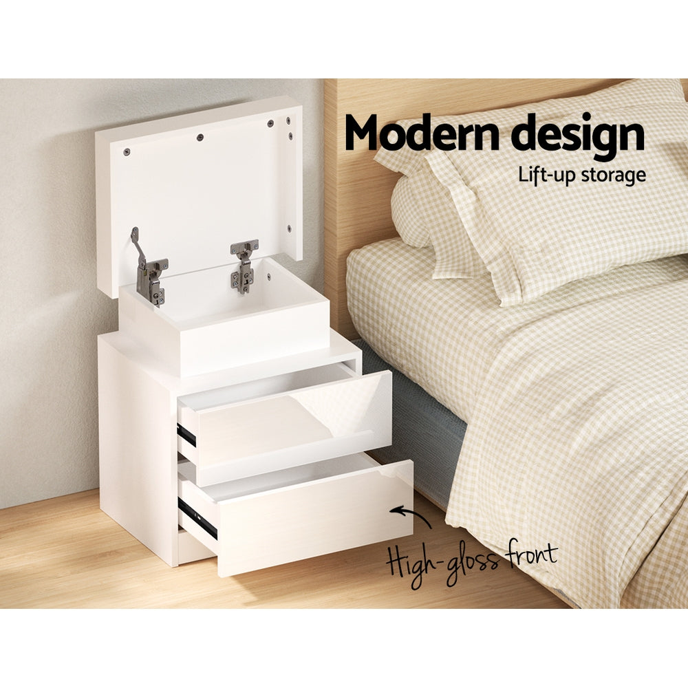 LED Bedside Table 2 Drawers Lift-up Storage - Artiss White