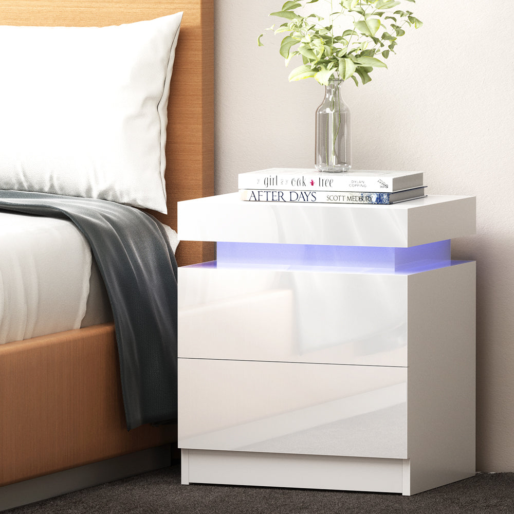 LED Bedside Table 2 Drawers Lift-up Storage - Artiss White