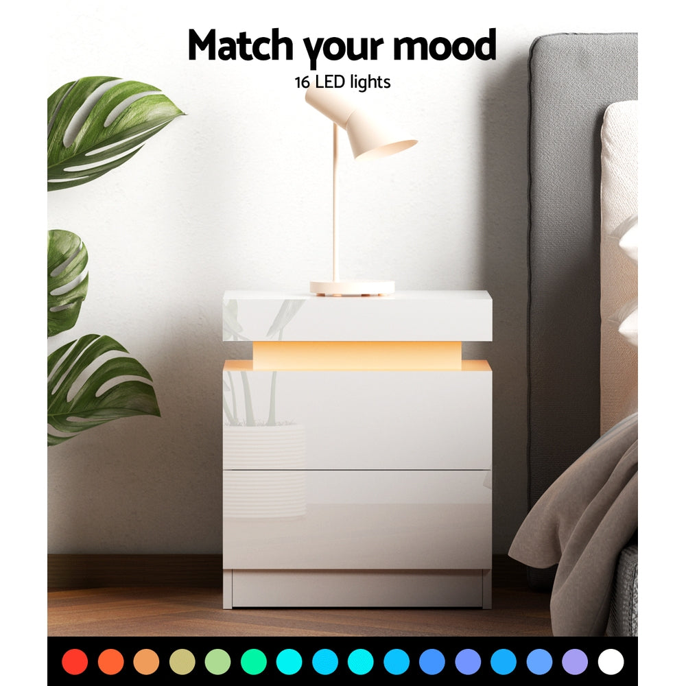 Coley LED Bedside Table 2 Drawers Lift-up Storage White