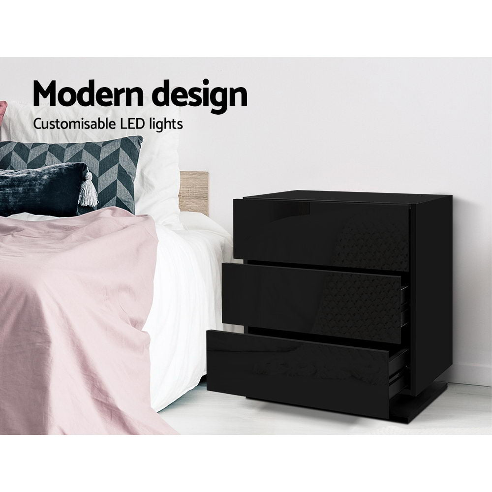 MORI Black Bedside Table LED 3 Drawers