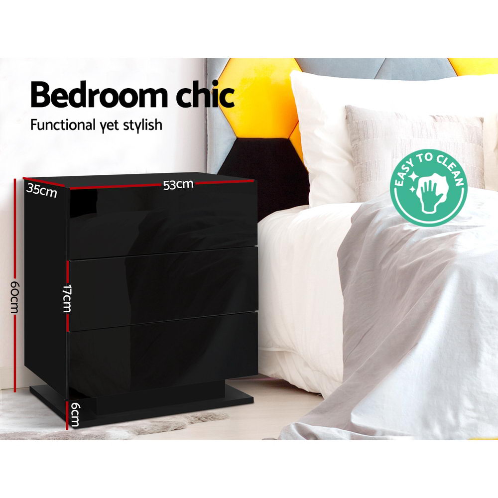 MORI Black Bedside Table LED 3 Drawers