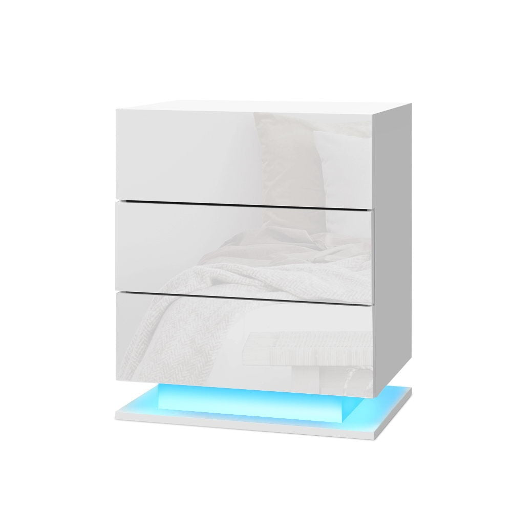 Artiss 2x Bedside Table LED 3 Drawers - MORI White