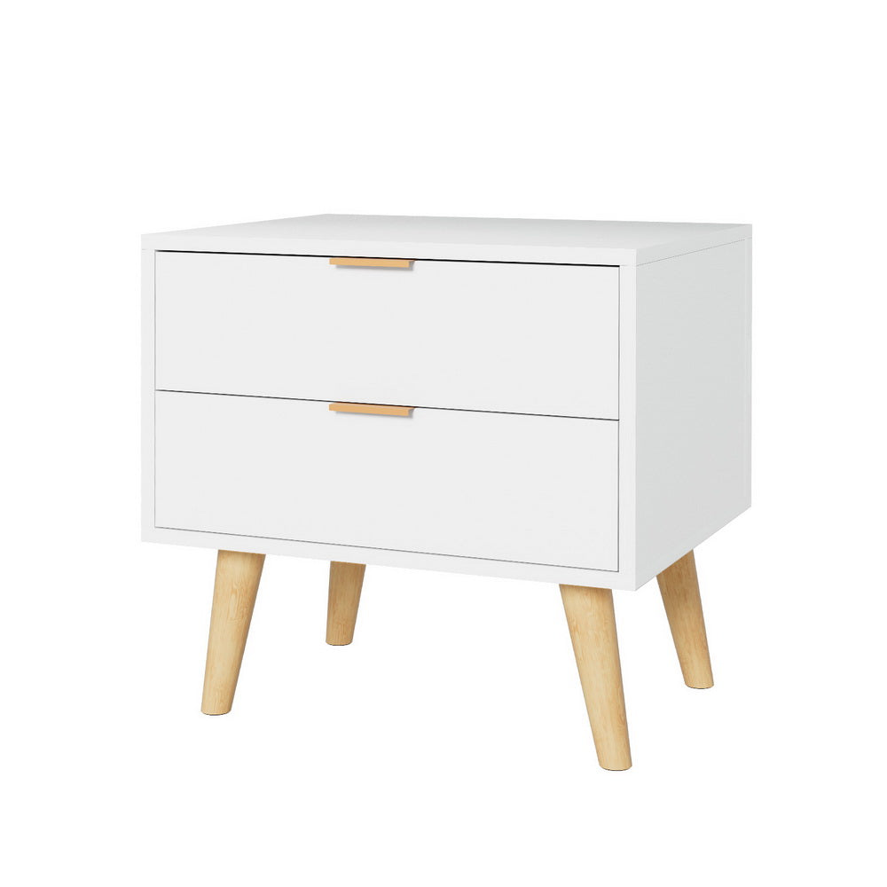 Durable 2-Drawer White Bedside Table with Pine Legs