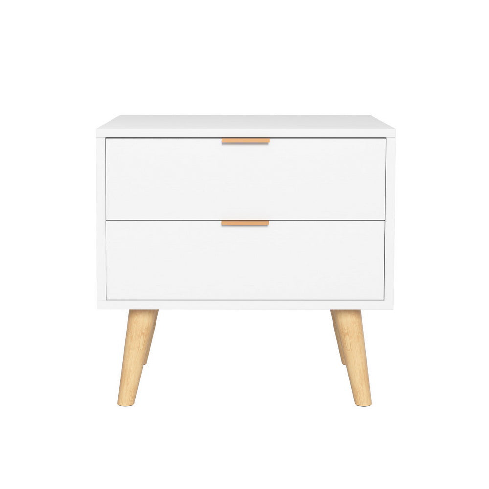 Durable 2-Drawer White Bedside Table with Pine Legs