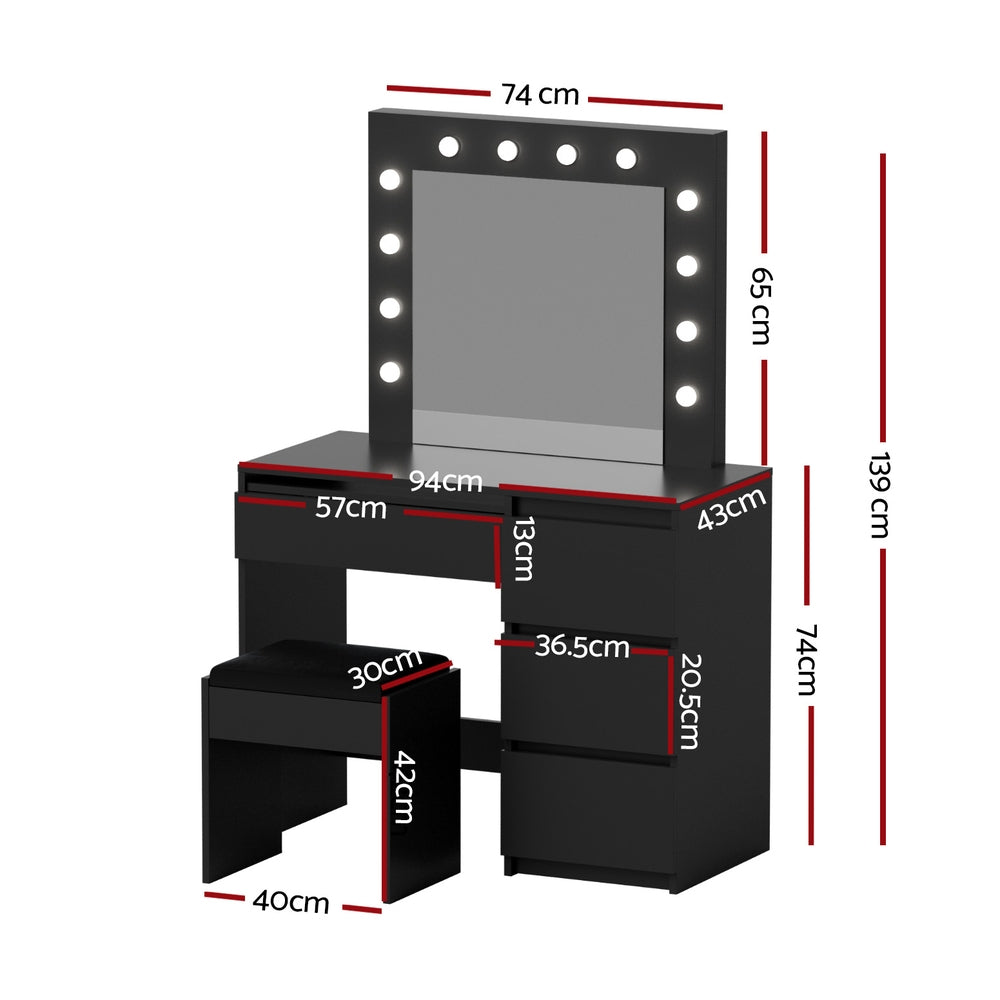 Hollywood Black Dressing Table Set 12 LED Bulbs with Stool